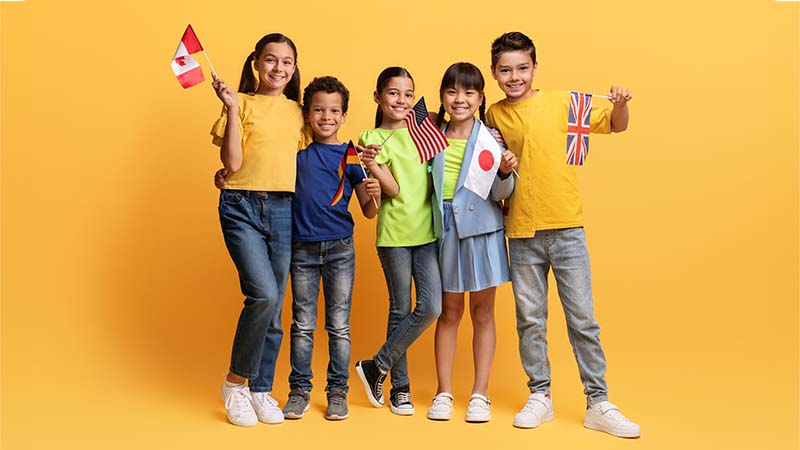 Smiling Diverse Children With Flags Of Different Countries